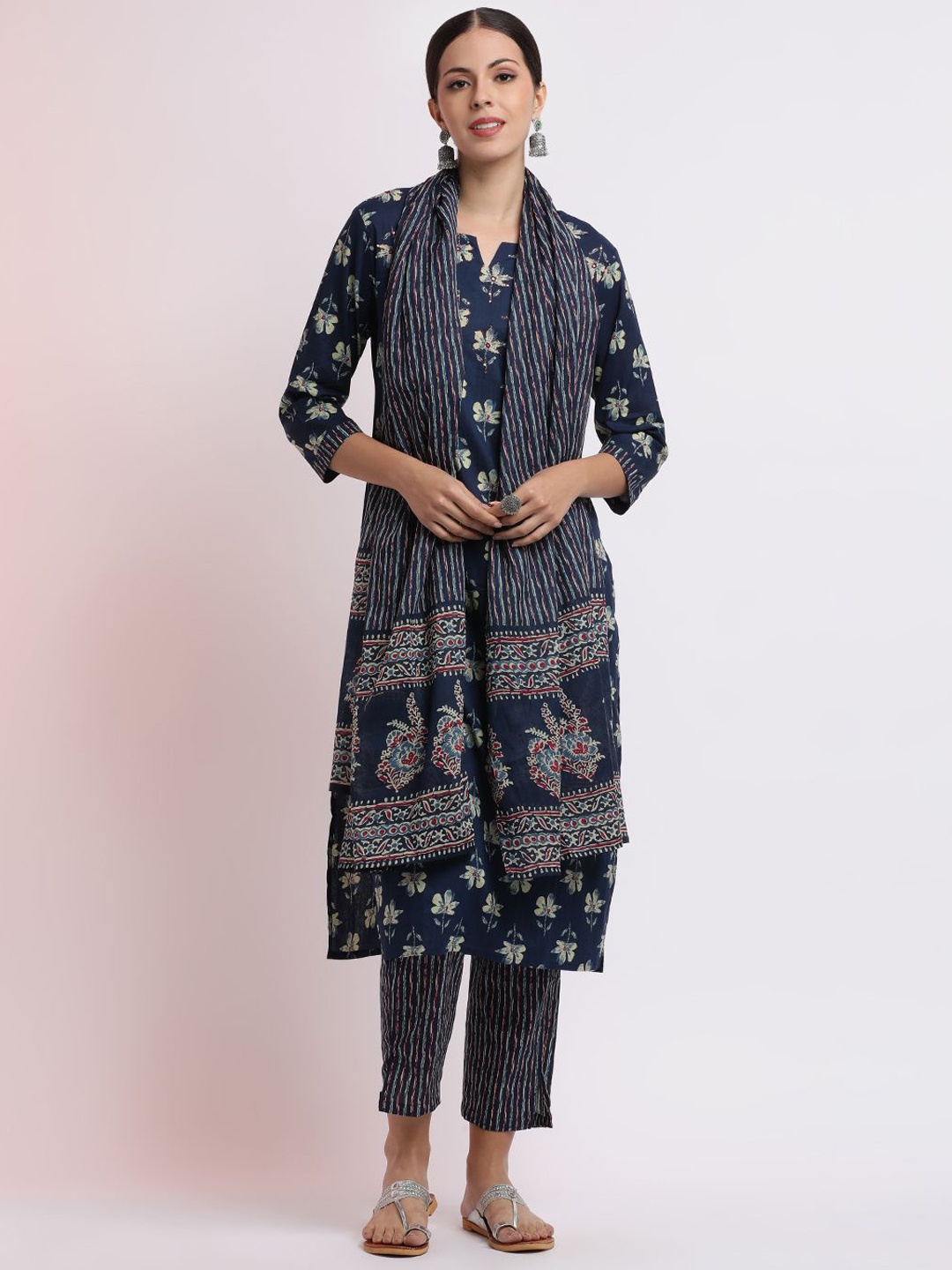 

Jaipur Kurti Embroidered Cotton Kurta Set with Dupatta, Blue