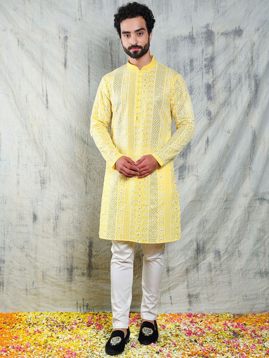 

Be Desi Ethnic Motifs Embroidered Sequinned Mandarin Collar Straight Kurta with Pyjamas, Yellow
