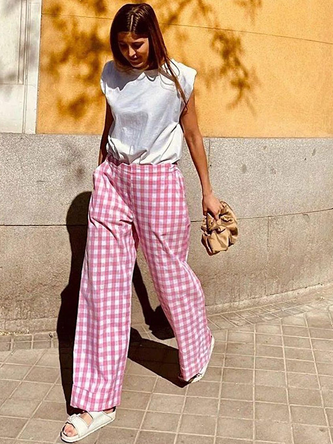

LULU & SKY Women Checked Straight Fit High-Rise Chinos Trousers, Pink
