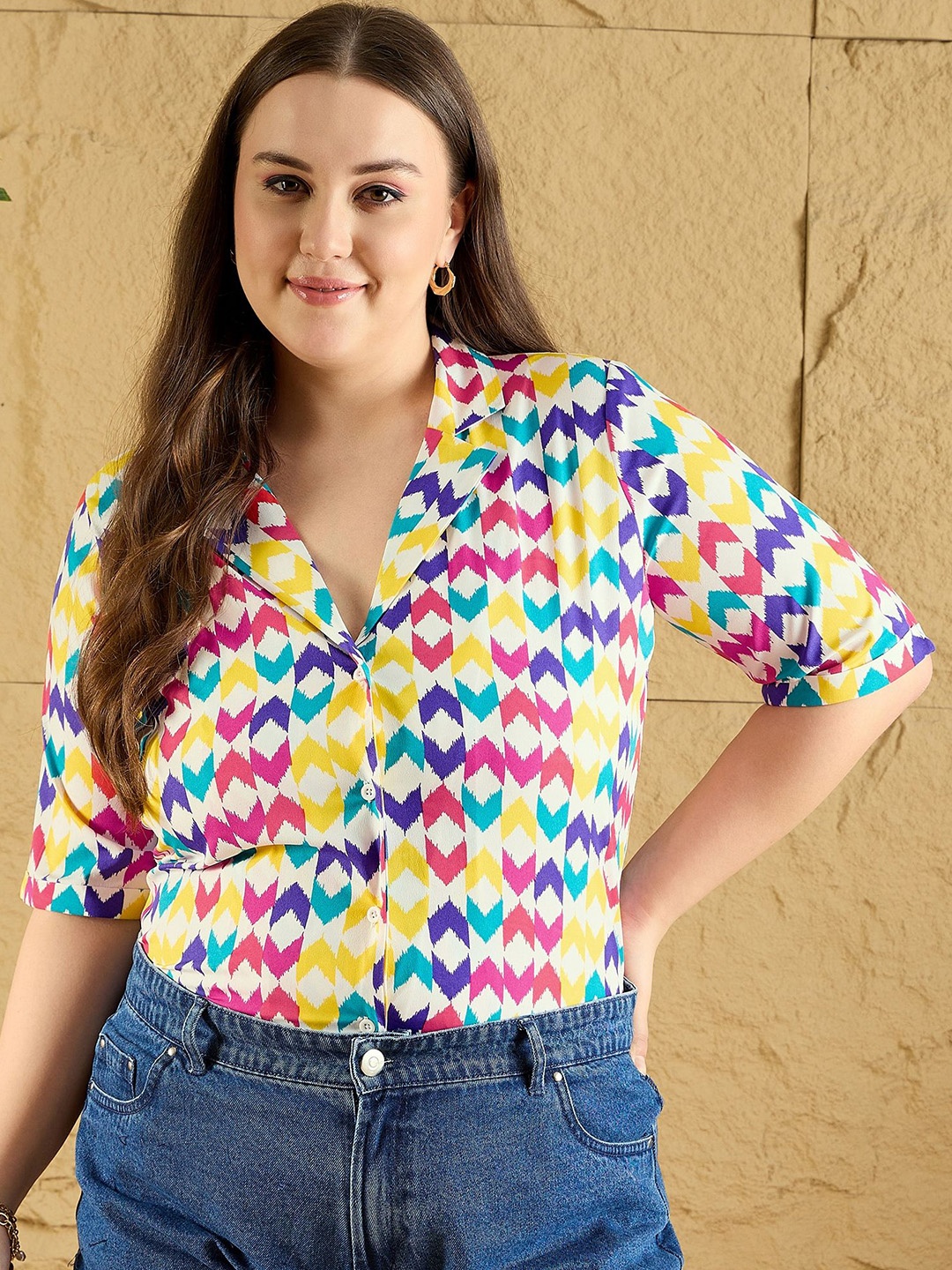 

Berrylush Curve Women Geometric Printed Casual Shirt, White