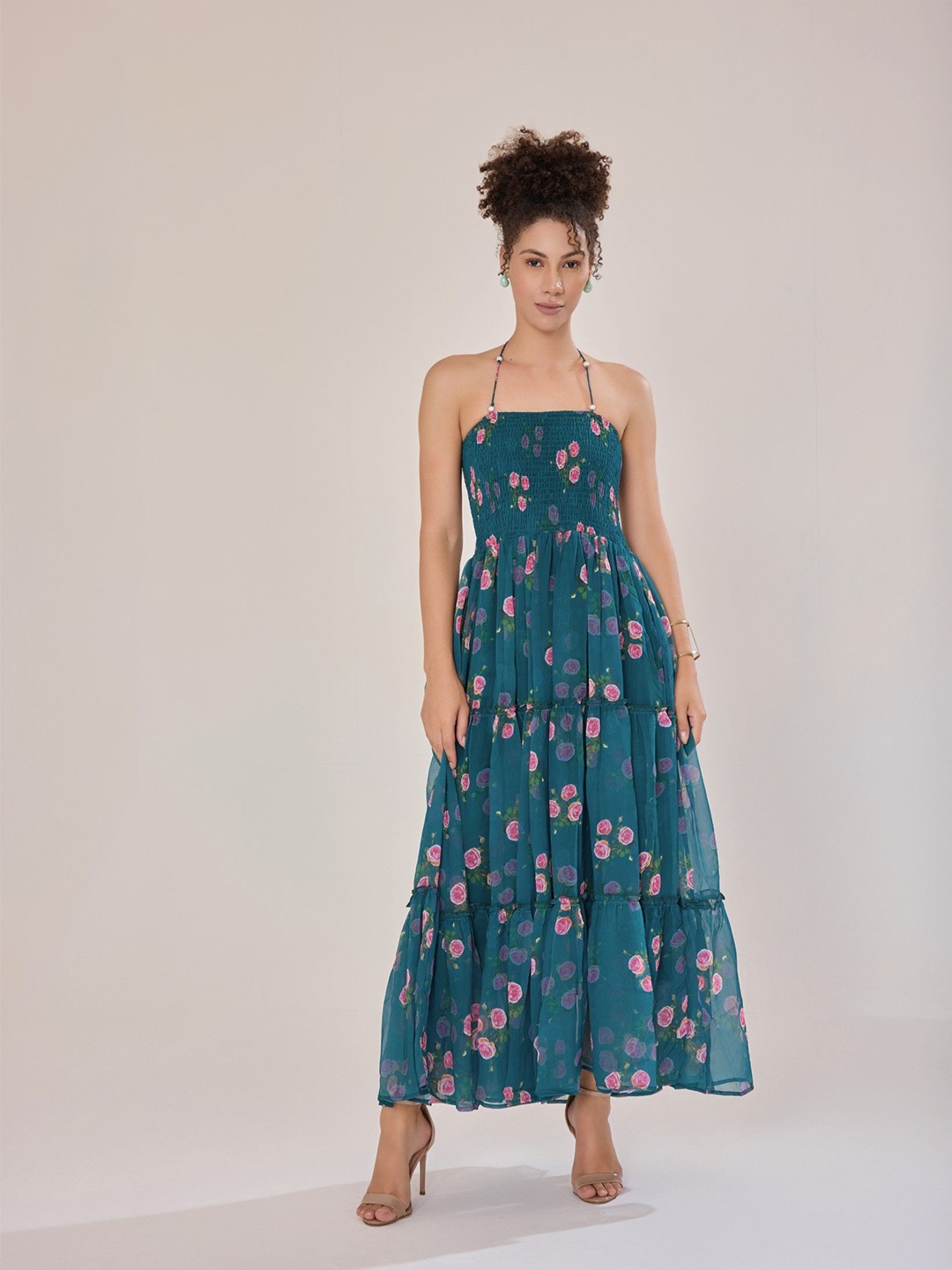 

Urban Sundari Women Floral Print Halter Neck Fit & Flare Maxi Dress, Blue