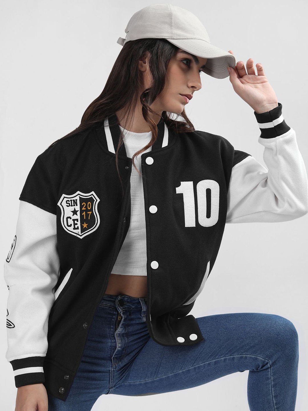 

CHKOKKO Women Colourblocked Running Varsity Jacket, Black