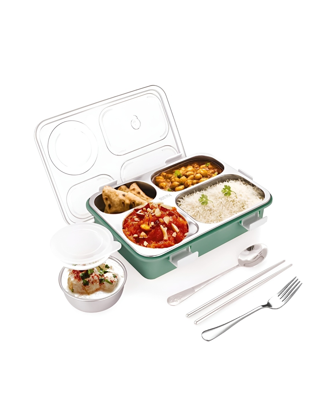 

NeonateCare Green Stainless Steel 4 Compartment Lunch Box with Spoon & Fork