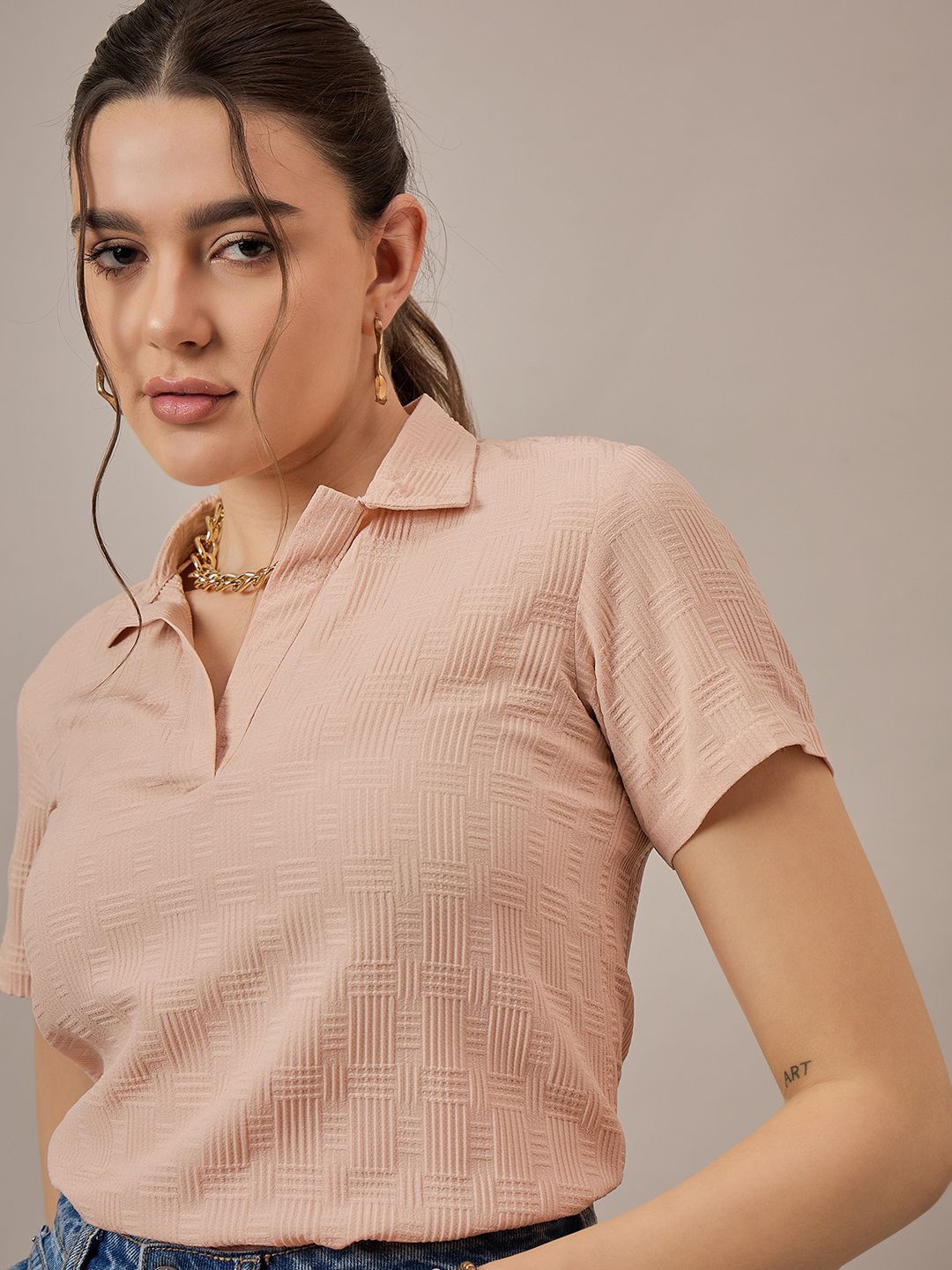 

The Roadster Lifestyle Co. Women Self Design Polo Collar T-shirt, Beige