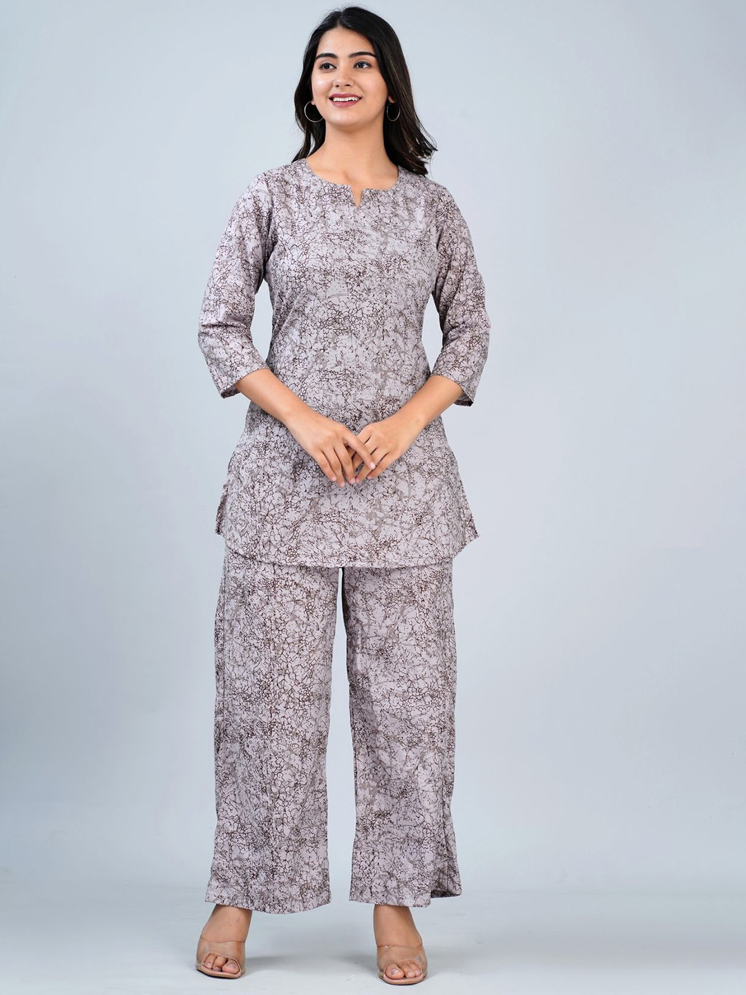 

Fabcurio Women Abstract Printed Palazzo Night suit, Grey melange