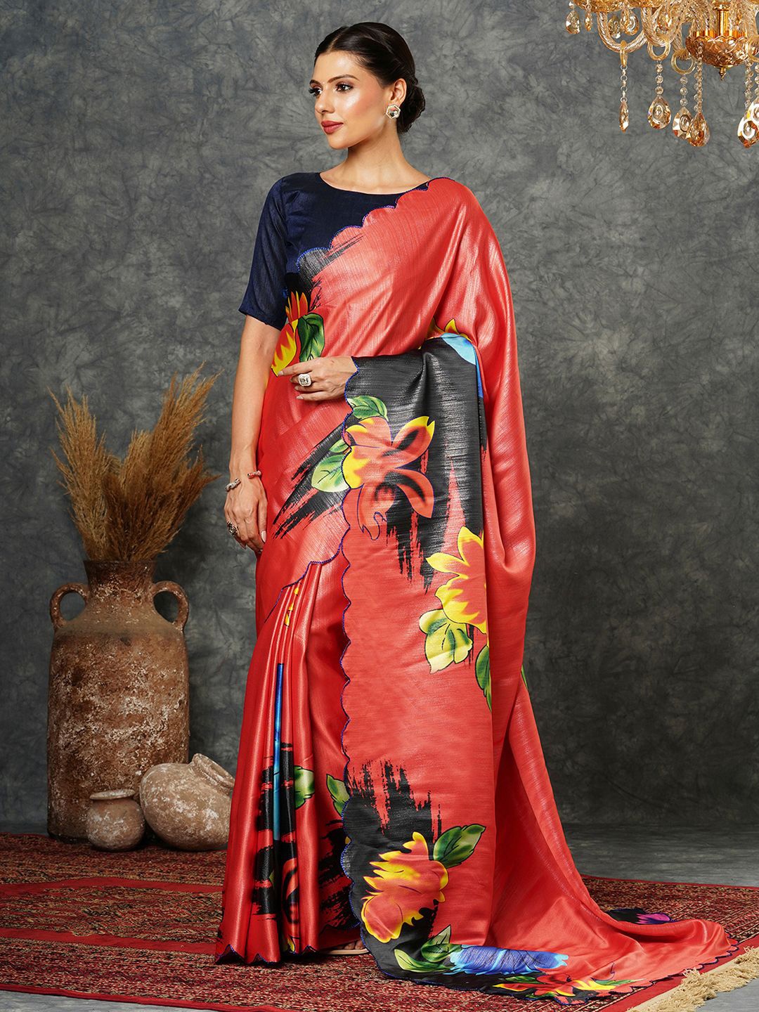 

Mitera Floral Embroidered Satin Saree, Red