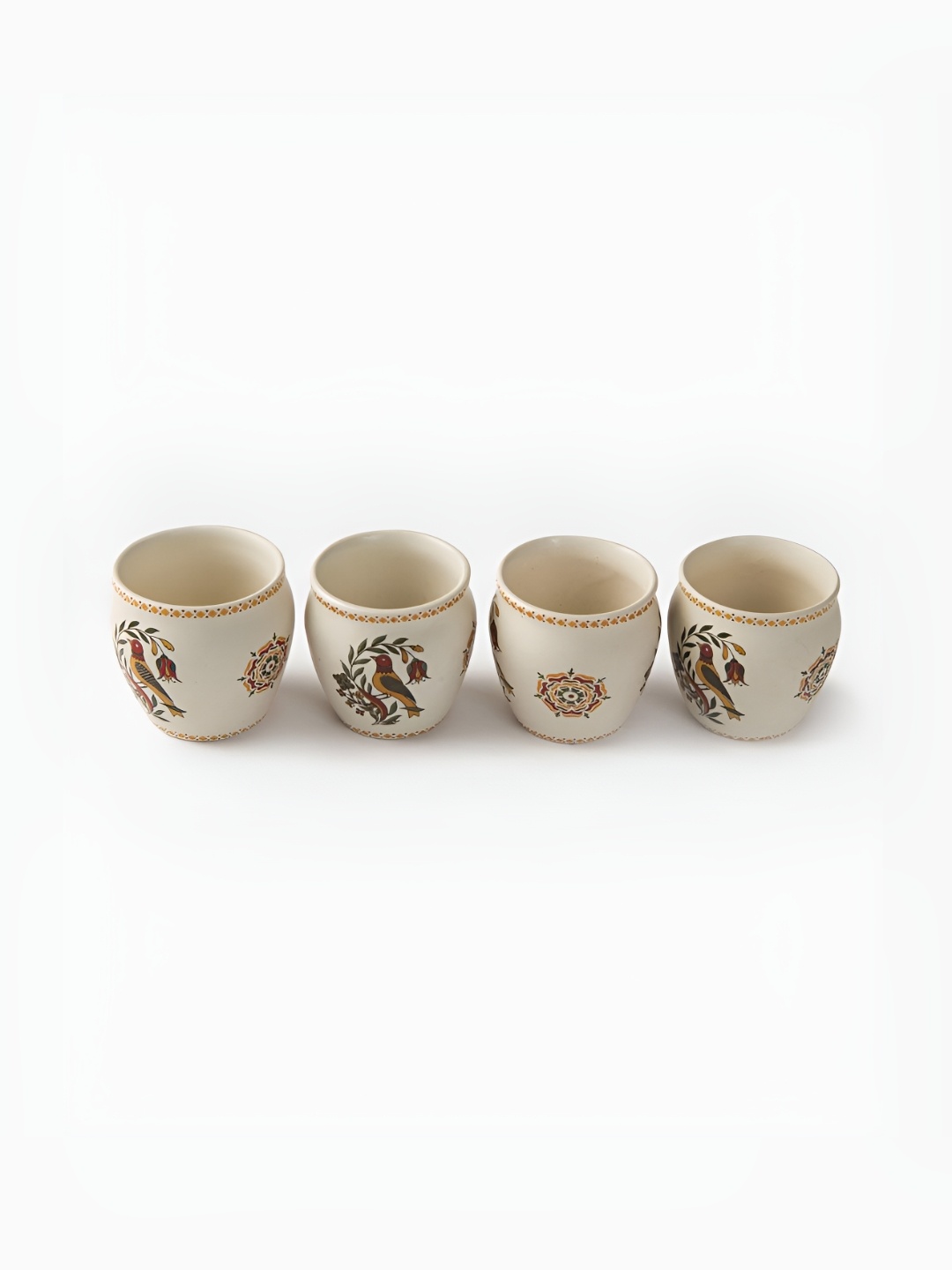

Fabindia Pushp Beige & Yellow 4 Pieces Floral Printed Ceramic Glossy Kulladhs 150ml