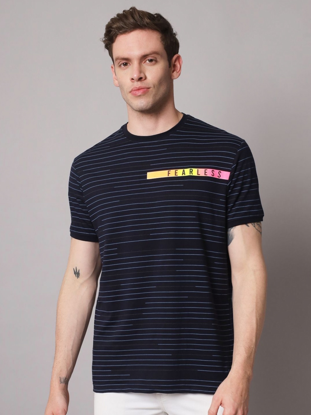 

URBAN TRAIL Men Striped Round Neck Cotton T-shirt, Navy blue