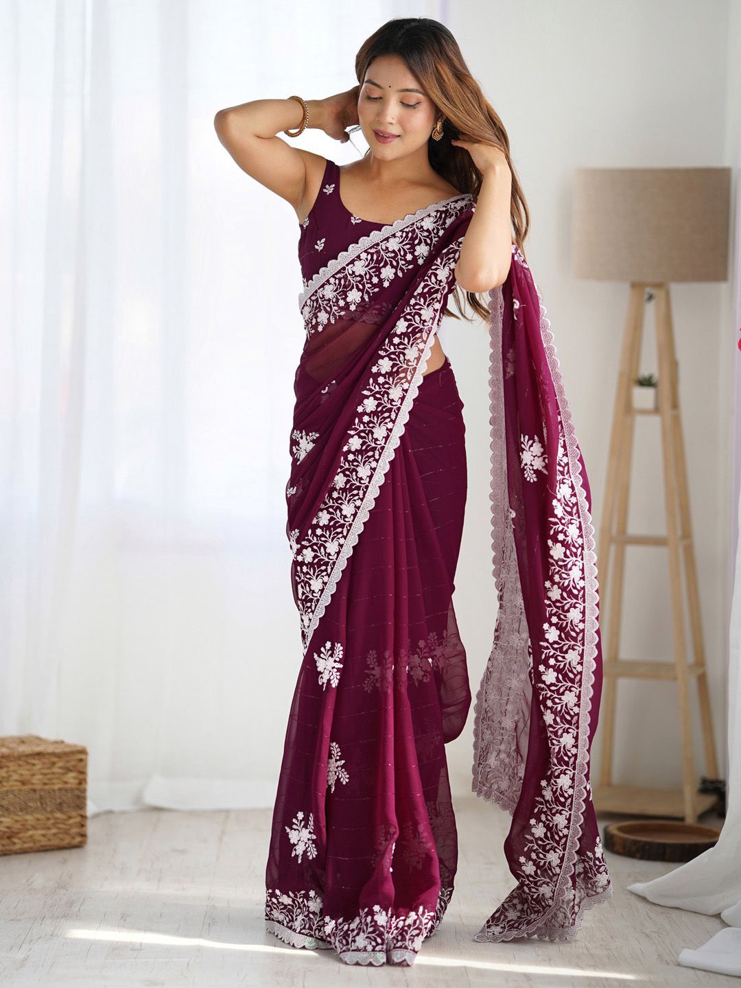 

Anouk Ethnic Motifs Embroidered Poly Georgette Saree with Matching Blouse, Magenta