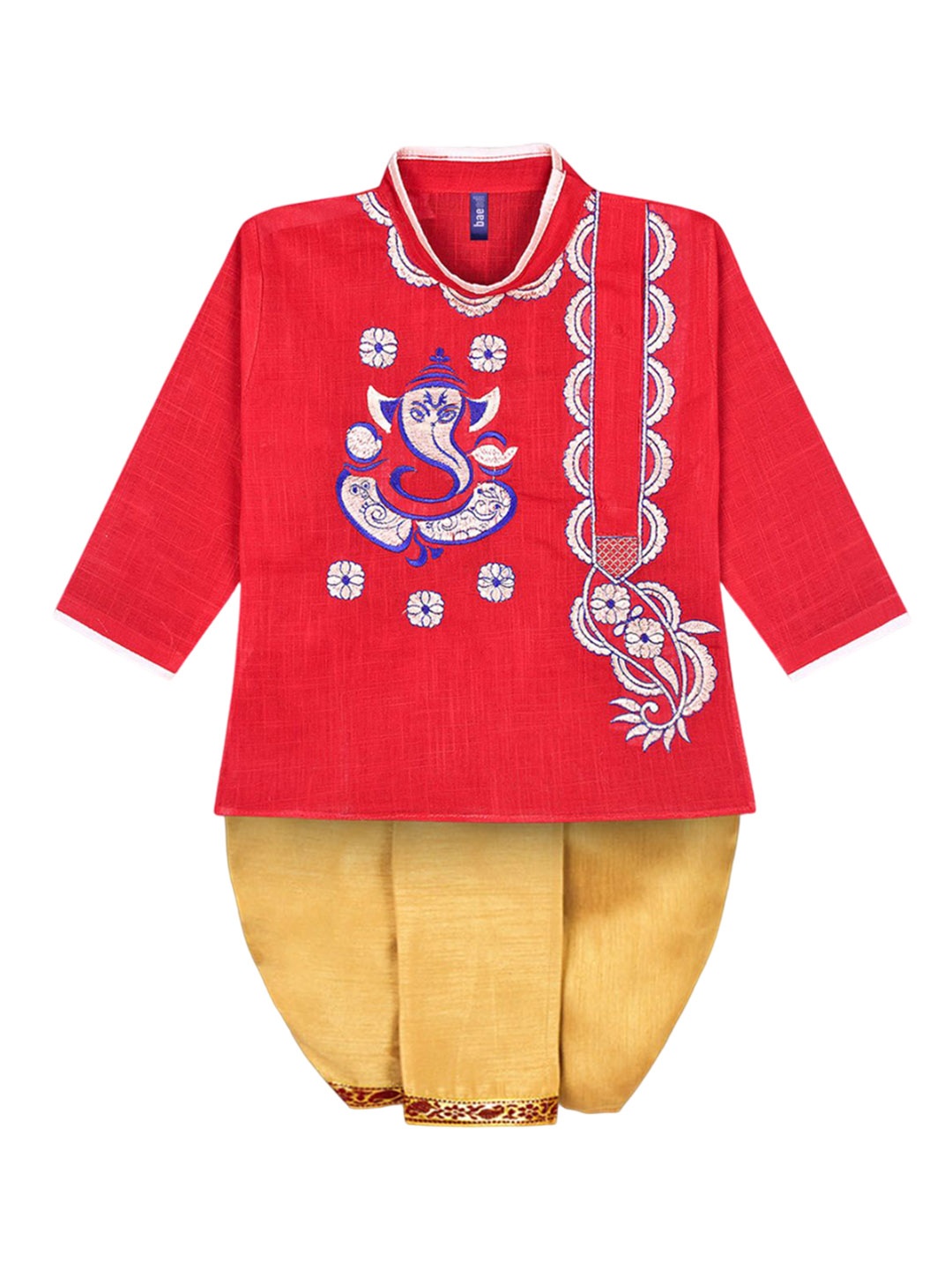 

BAESD Infant Boys Ethnic Motifs Embroidered Thread Work Pure Cotton Kurta with Dhoti Pants, Red