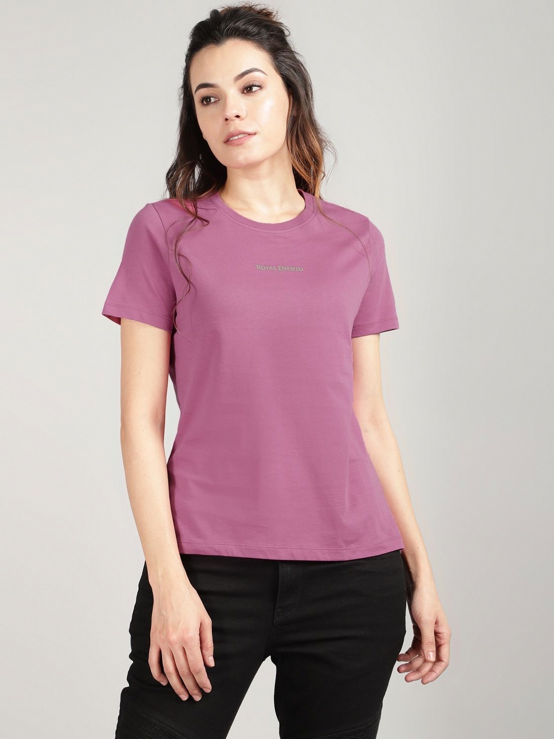 

Royal Enfield Women Typography Printed Round Neck Cotton T-shirt, Pink