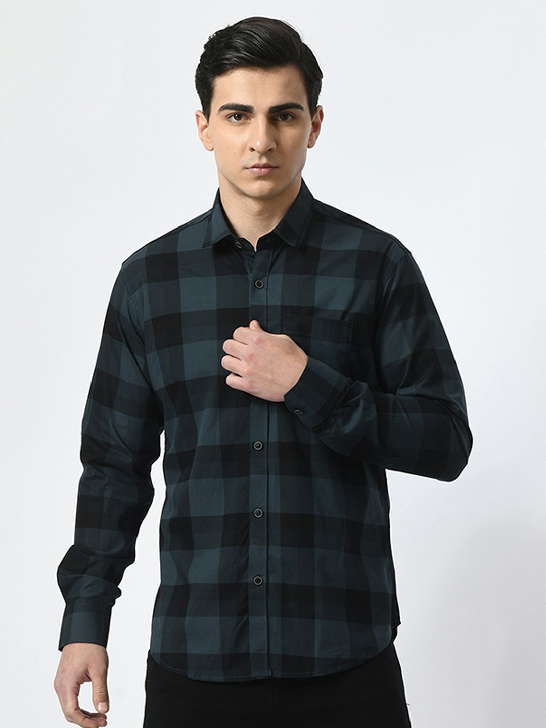 

PEBCO Men Classic Spread Collar Buffalo Checked Cotton Slim Fit Casual Shirt, Green