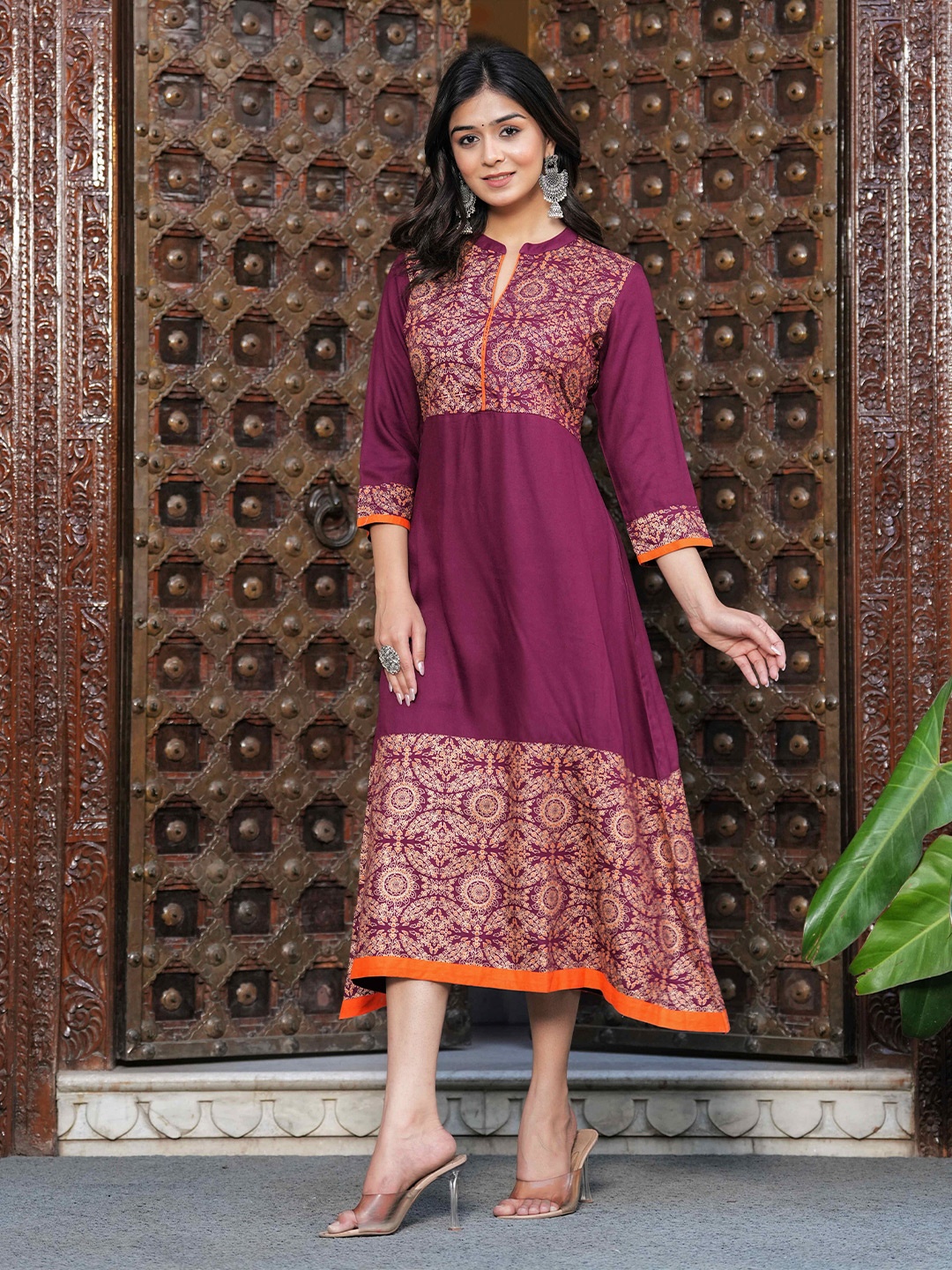 

BAESD Women Ethnic Motifs Printed Mandarin Collar A-Line Dress, Burgundy