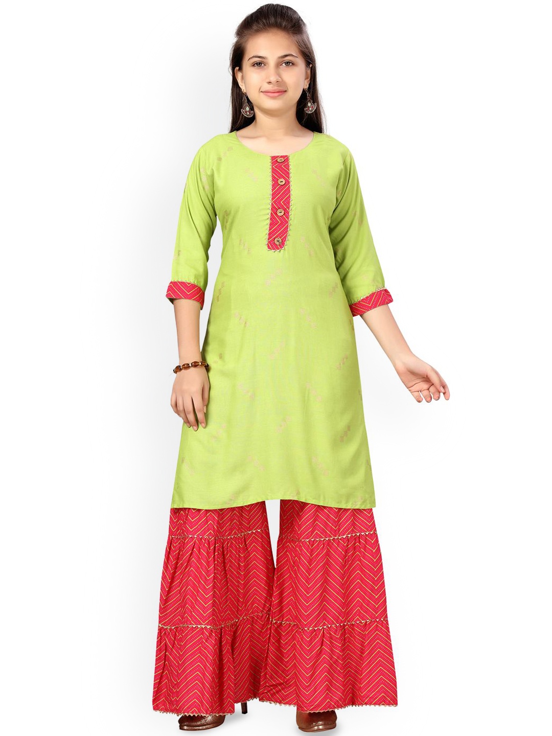 

BAESD Girls Geometric Printed Pure Cotton Straight Kurta with Sharara, Green