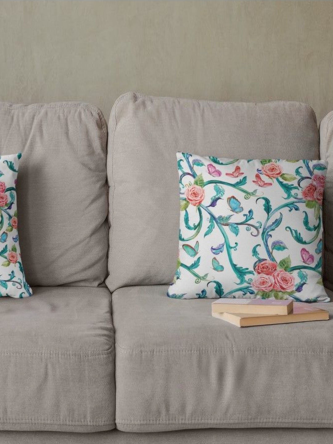 

THEYAYACAFE Pink & Green 2 Pieces Floral Velvet Square Cushion Covers, White