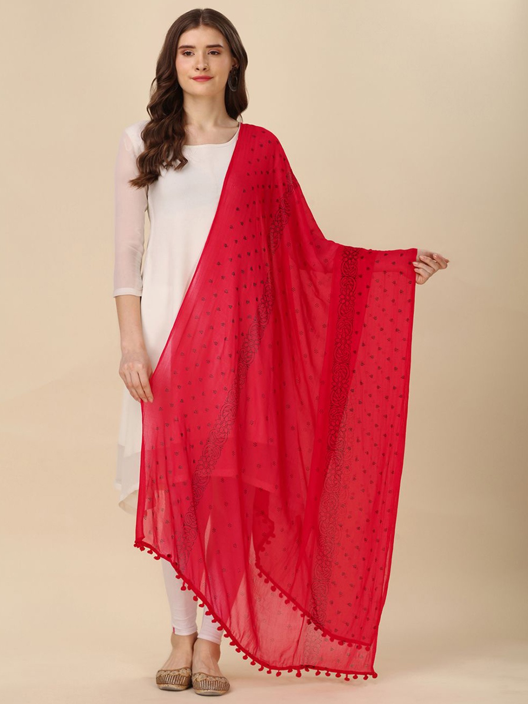 

Suha Floral Printed Chiffon Dupatta, Red