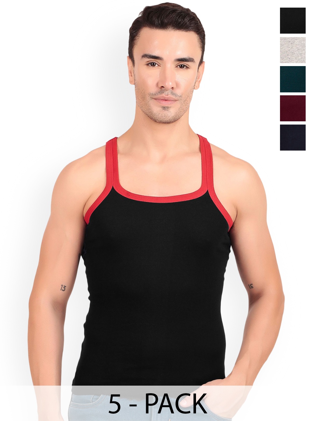 

inner element Pack Of 5 Printed Cotton Innerwear Vests 121_GYMVEST_PK5_XS, Black