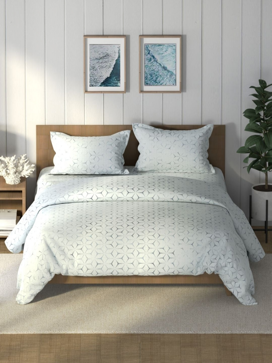 

Nautica Blue & White Geometric Printed Pure Cotton AC Room Double Queen Bedding Set