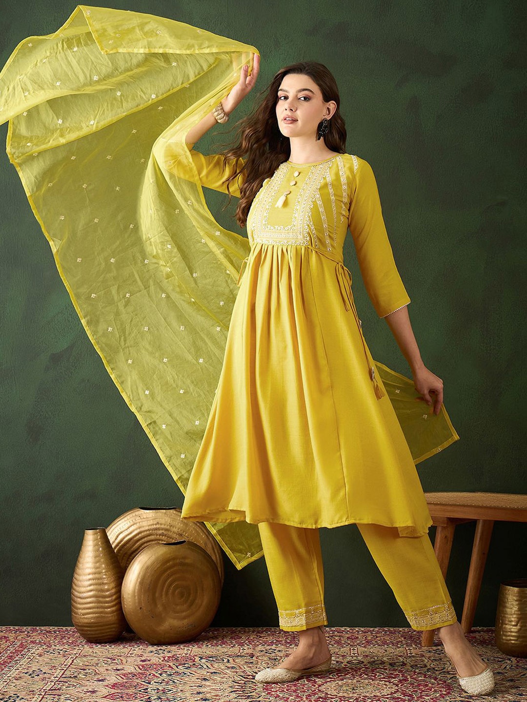 

Sangria Floral Embroidered Sequence A Line Kurta & Trouser With Dupatta, Mustard