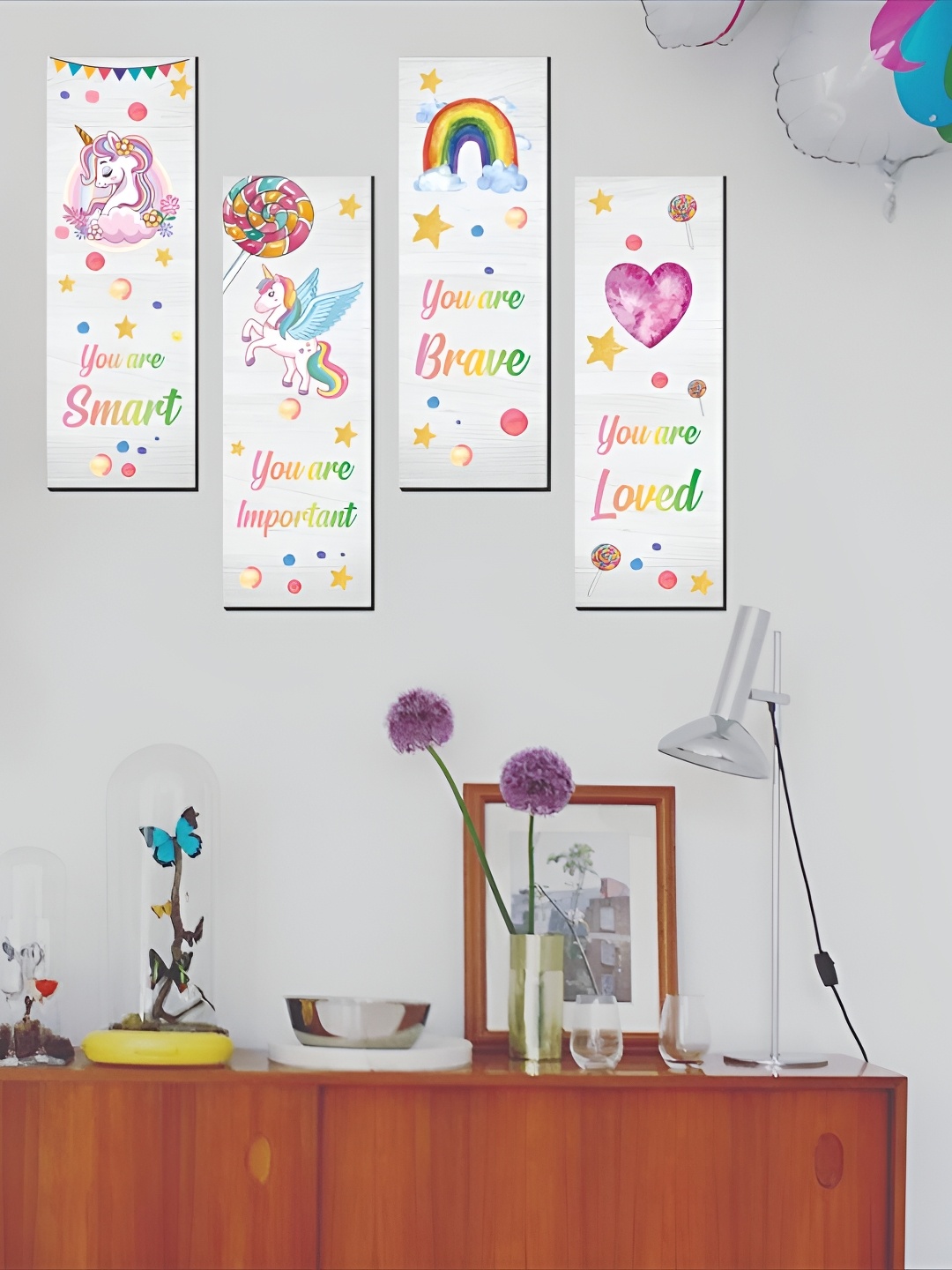 

CVANU White & Pink 4 Pieces Unicorn Printed Wooden Wall Art