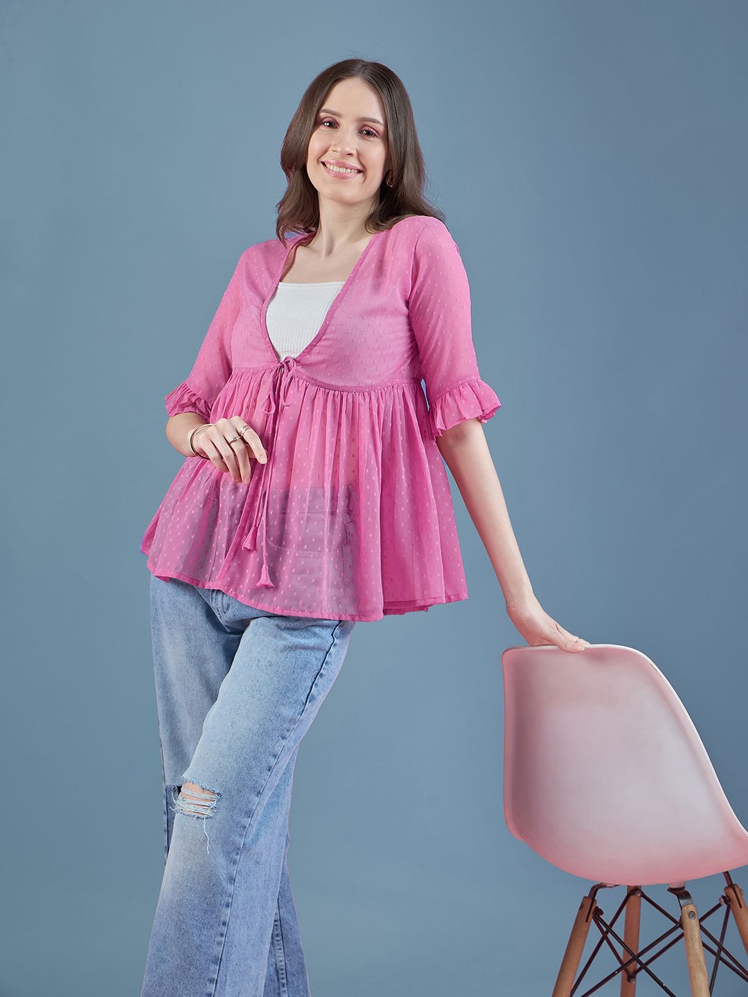 

DressBerry Pink Self Design Gathers Tie-Up Shrug