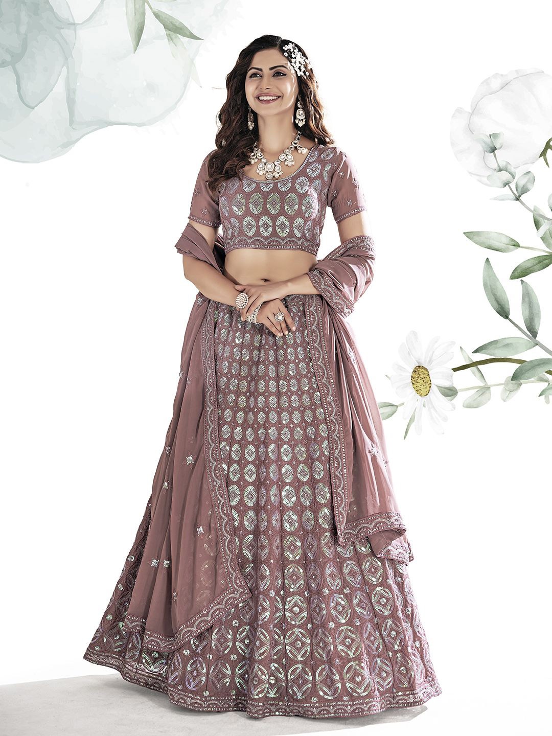 

Shee Star Embroidered Sequinned Semi-Stitched Lehenga & Unstitched Blouse With Dupatta, Peach