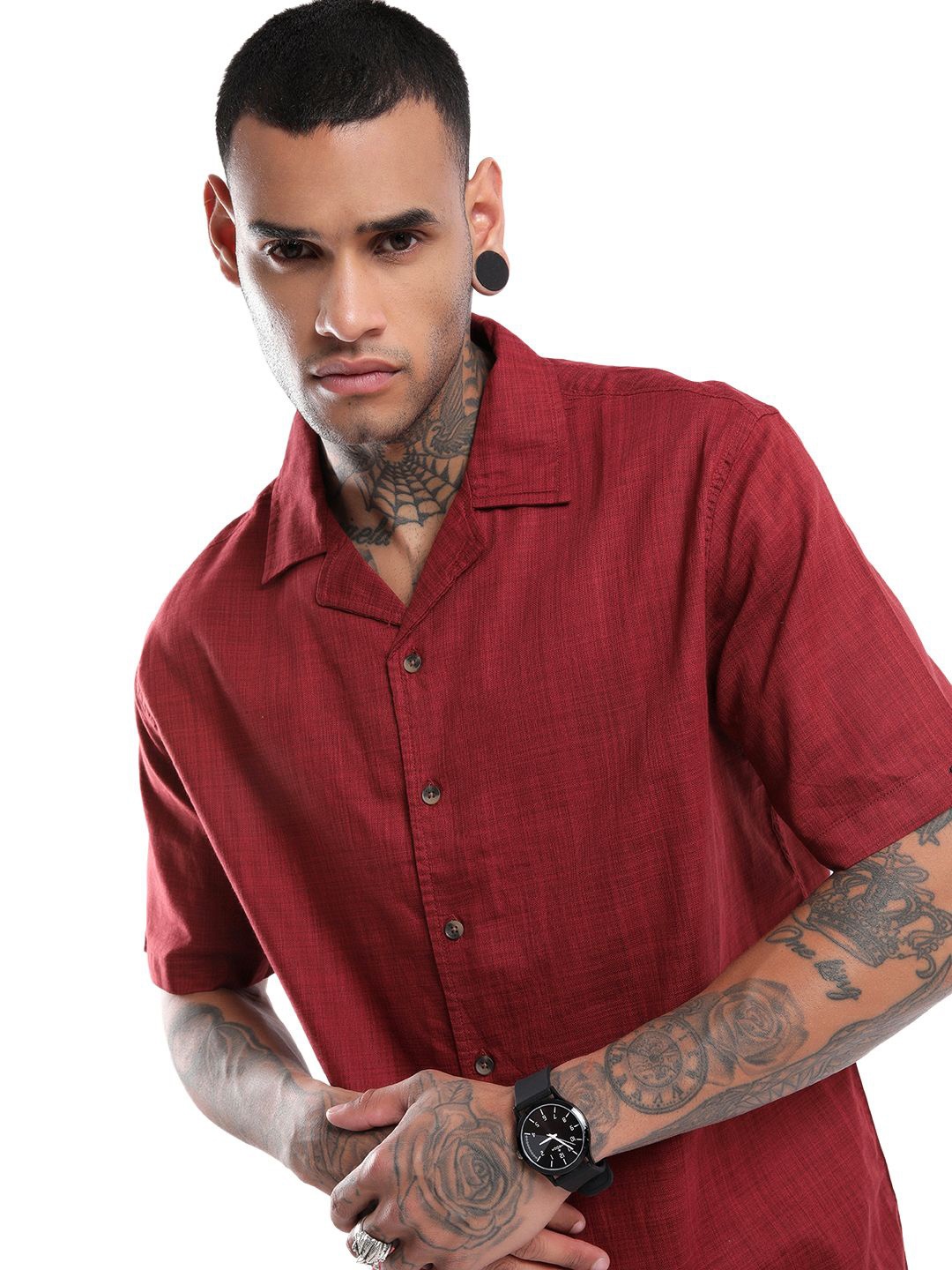 

WROGN Men Cuban Collar Textured Cotton Casual Shirt, Maroon