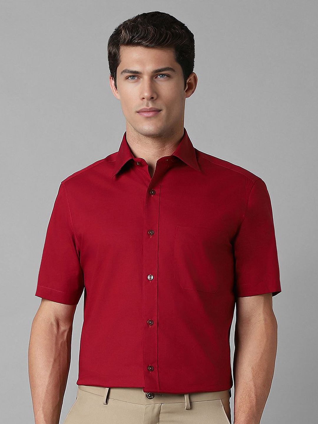 

Louis Philippe Men Classic Spread Collar Solid Cotton Formal Shirt, Red