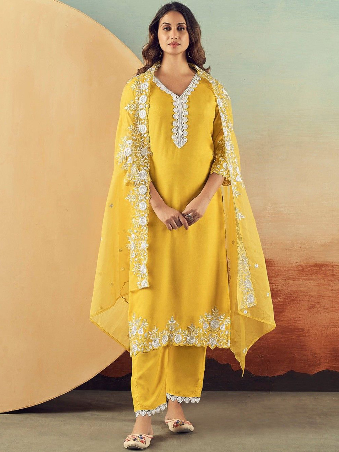 

AUTUMN LANE Ethnic Motifs Embroidered Straight Kurta With Trousers & Dupatta, Yellow