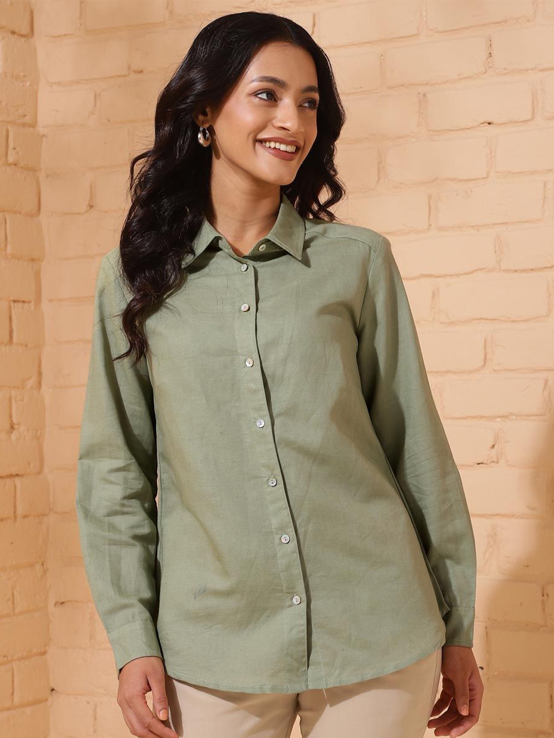 

Fabindia Women Spread Collar Solid Cotton Linen Casual Shirt, Olive