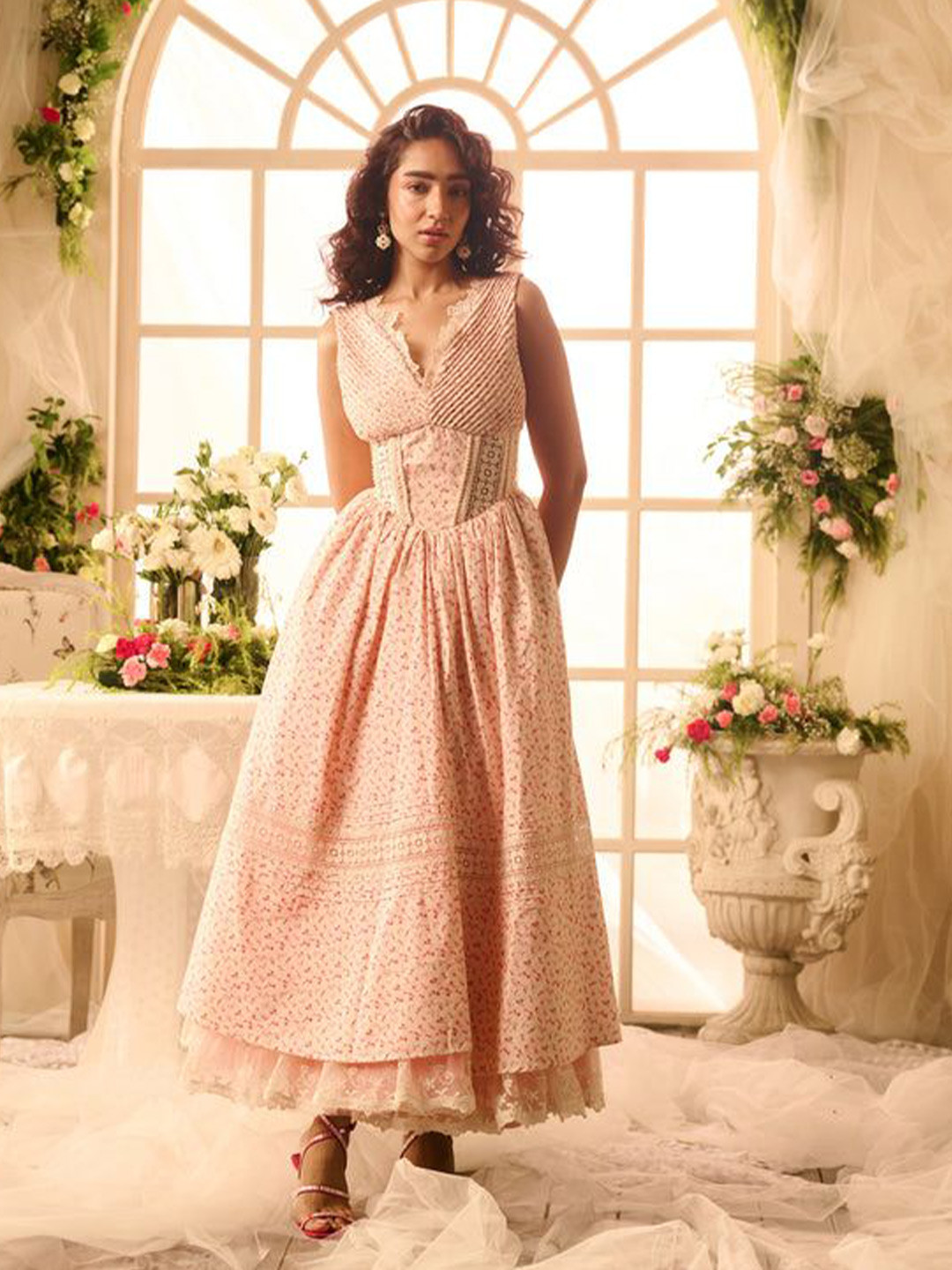 

Lea Clothing Co. Checked Printed Fit & Flare Midi Dress, Pink