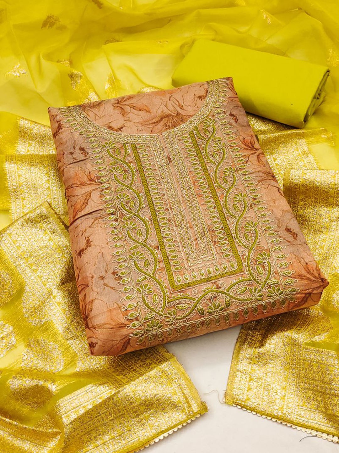 

ASISA Ethnic Motifs Printed Beads and Stones Unstitched Dress Material, Orange