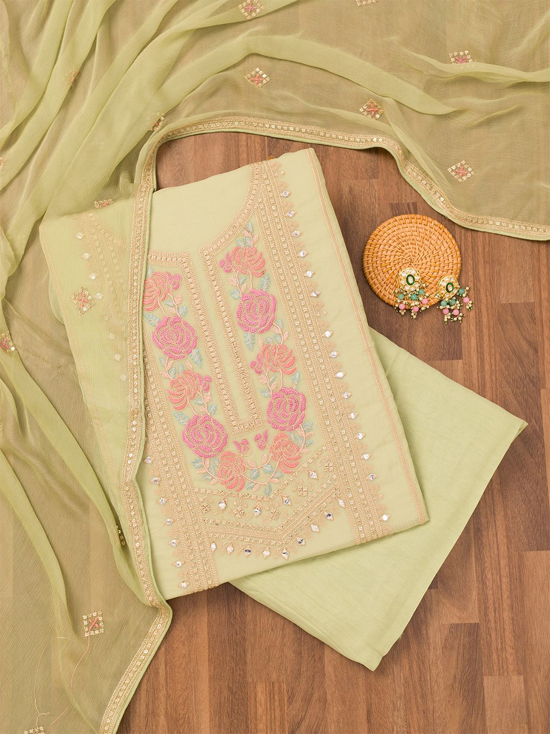 

Koskii Floral Embroidered Mirror Work Unstitched Dress Material, Green