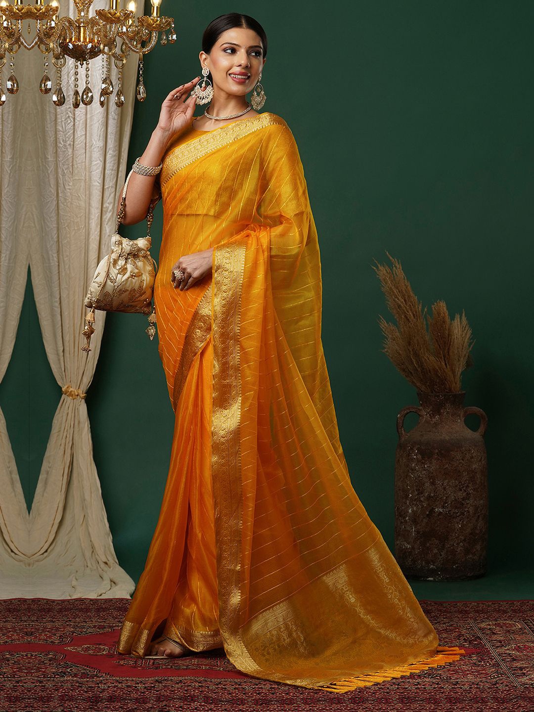 

Mitera Striped Sequinned Organza Banarasi Saree, Yellow