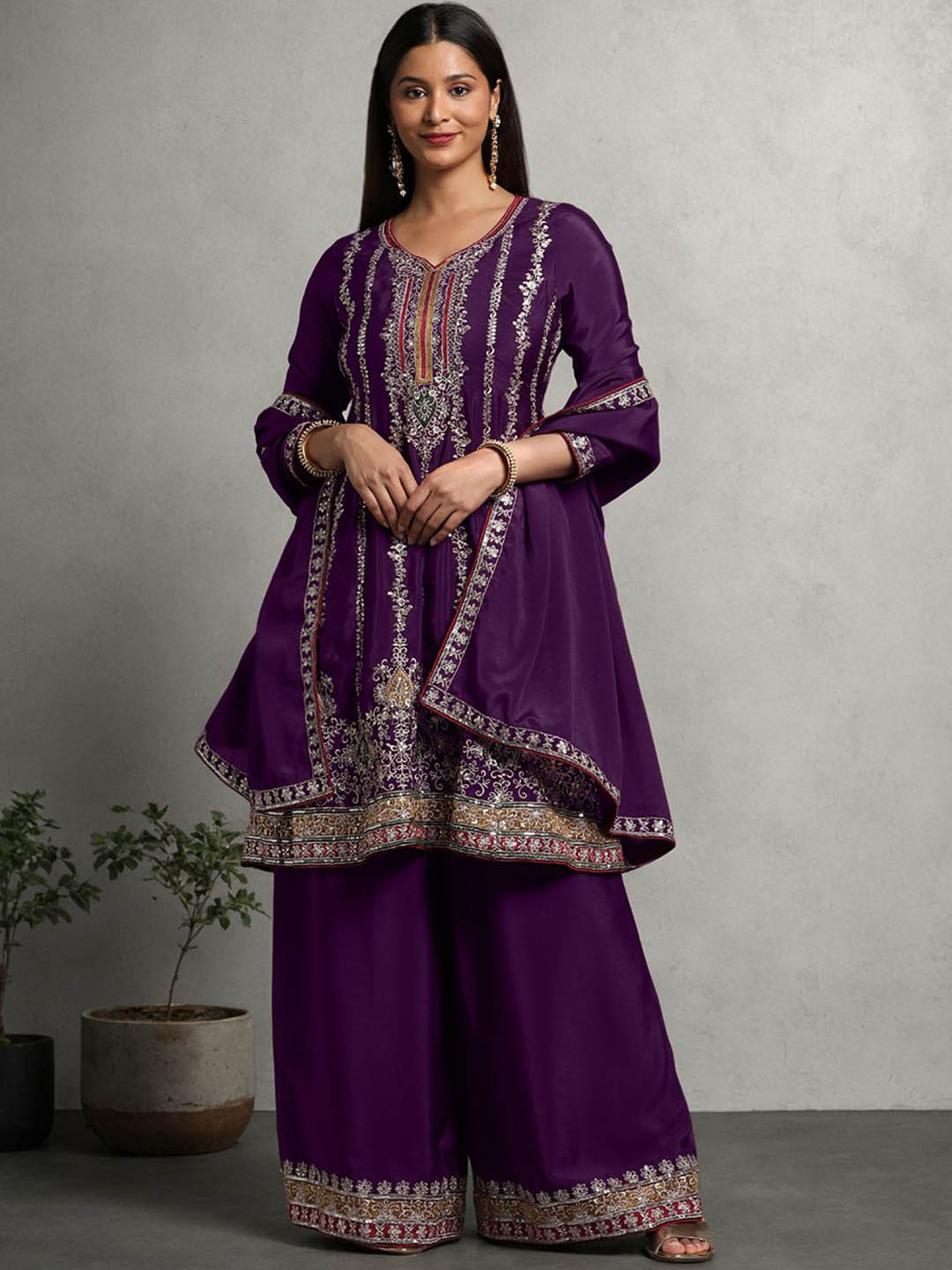 

Miss Ethnik Ethnic Motifs Embroidered Sequinned A-Line Kurta With Palazzo & Dupatta, Purple