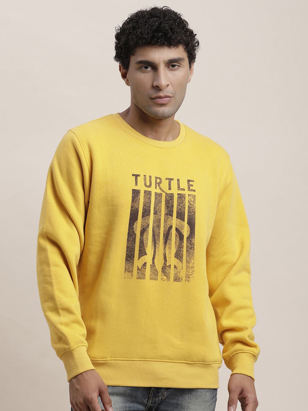 

Turtle Men Typography Printed Round Neck Sweatshirt, Yellow