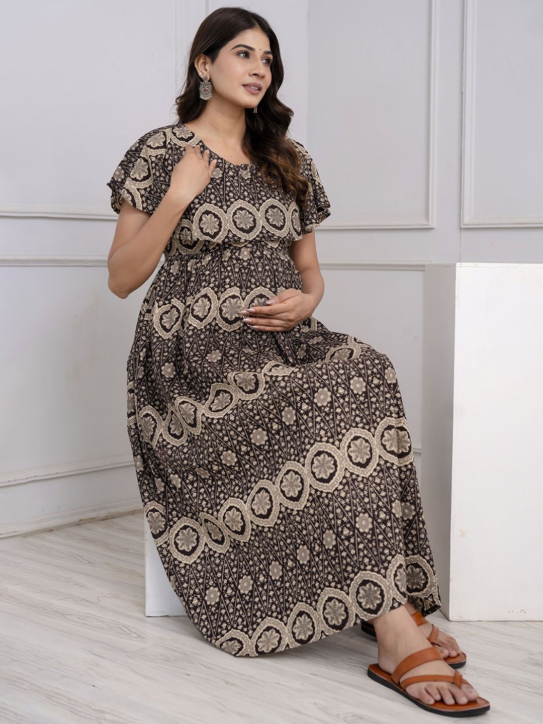 

Nayo Ethnic Motifs Printed Maternity Maxi Dress, Brown