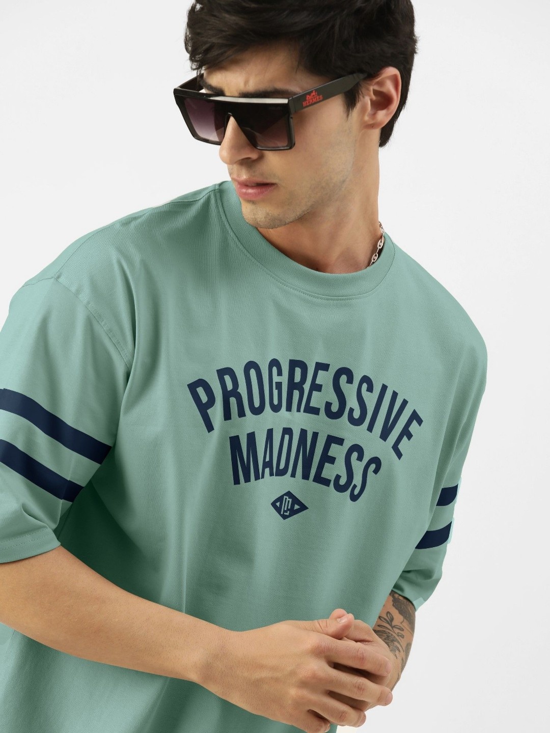 

Maniac Men Typography Printed Round Neck Cotton Oversized T-shirt, Green
