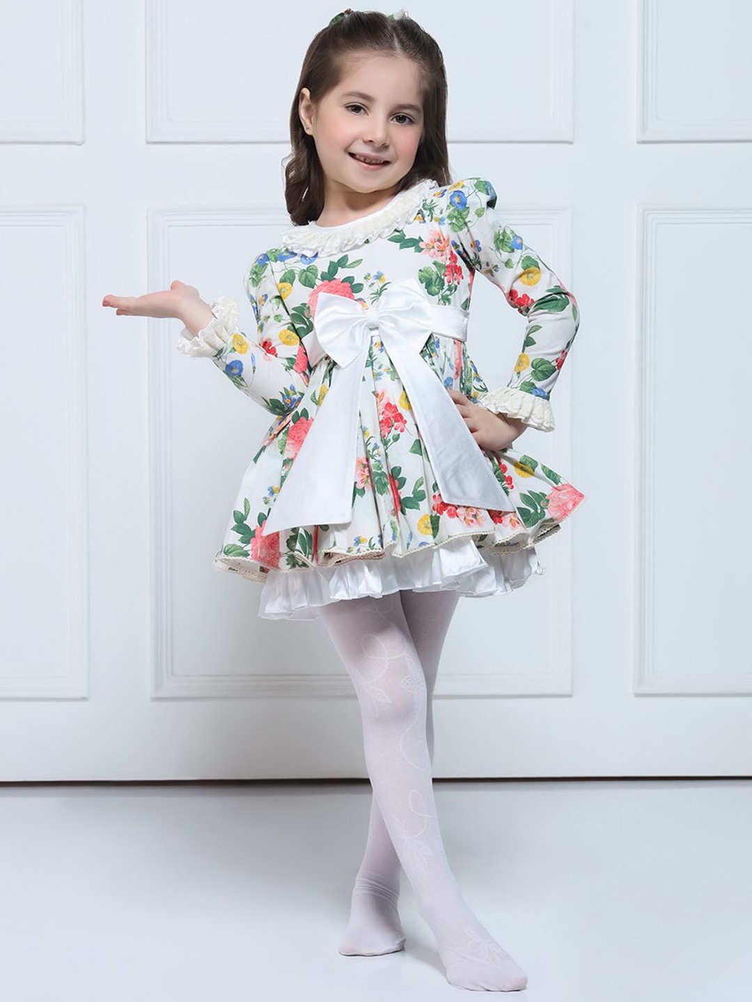 

THE PONY & PEONY CO. Girls Floral Printed Bell Sleeve A-Line Dress, White