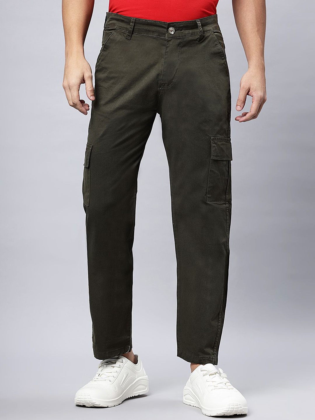 

Hence Men Loose Fit Cargos Mid-Rise Trousers, Olive