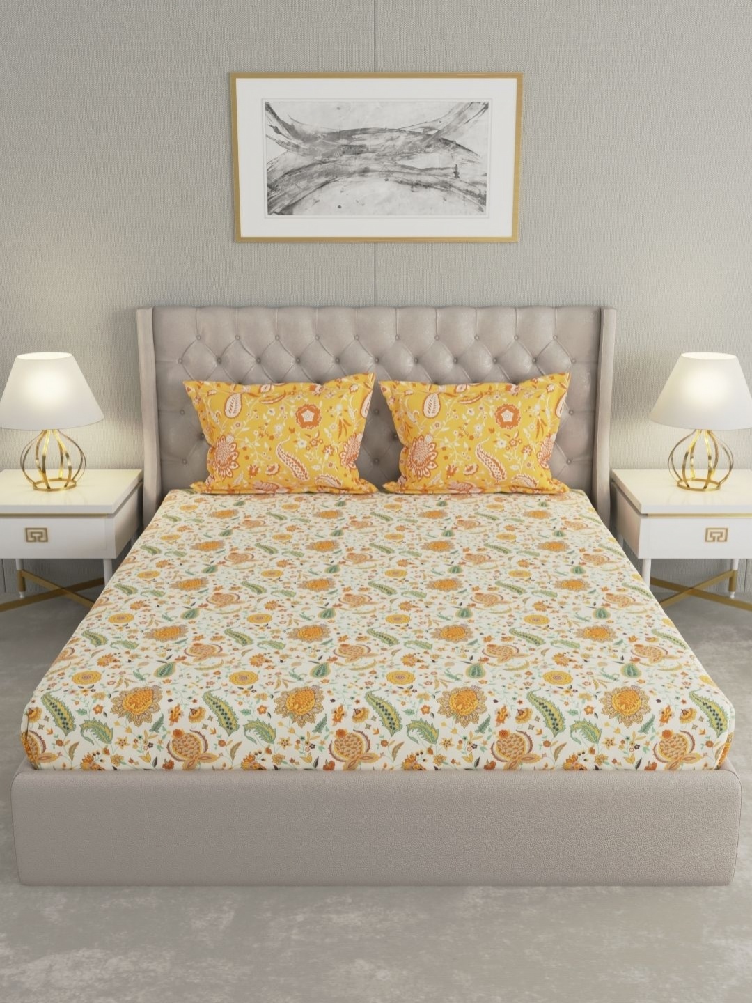 

Raymond Home Camphor Yellow Printed Cotton 144 TC Queen Bedsheet With 2 Pillow Covers