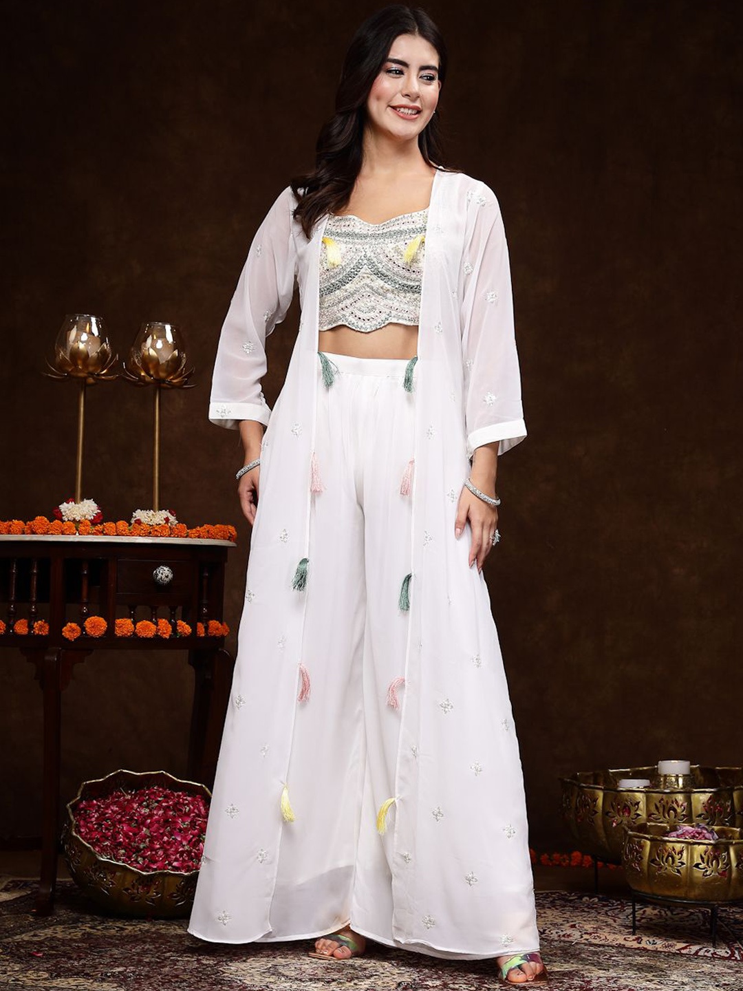 

Stylum White Embellished Top& Palazoo With Shrug