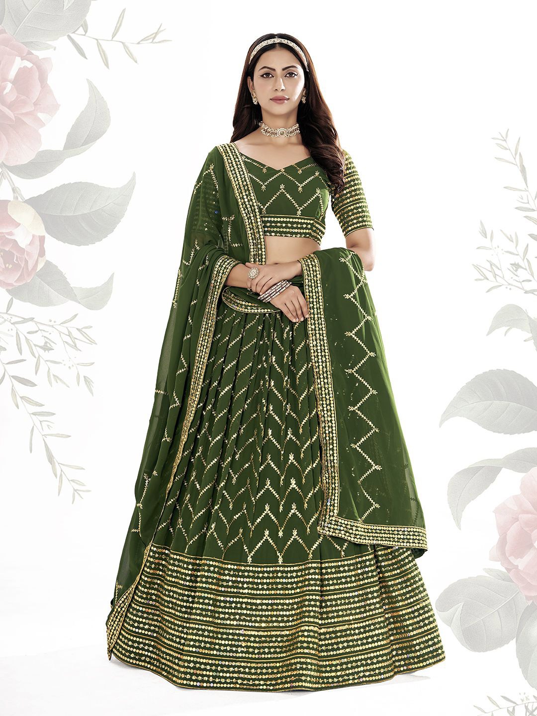 

Shee Star Beads and Stones Semi-Stitched Lehenga & Unstitched Blouse With Dupatta, Green