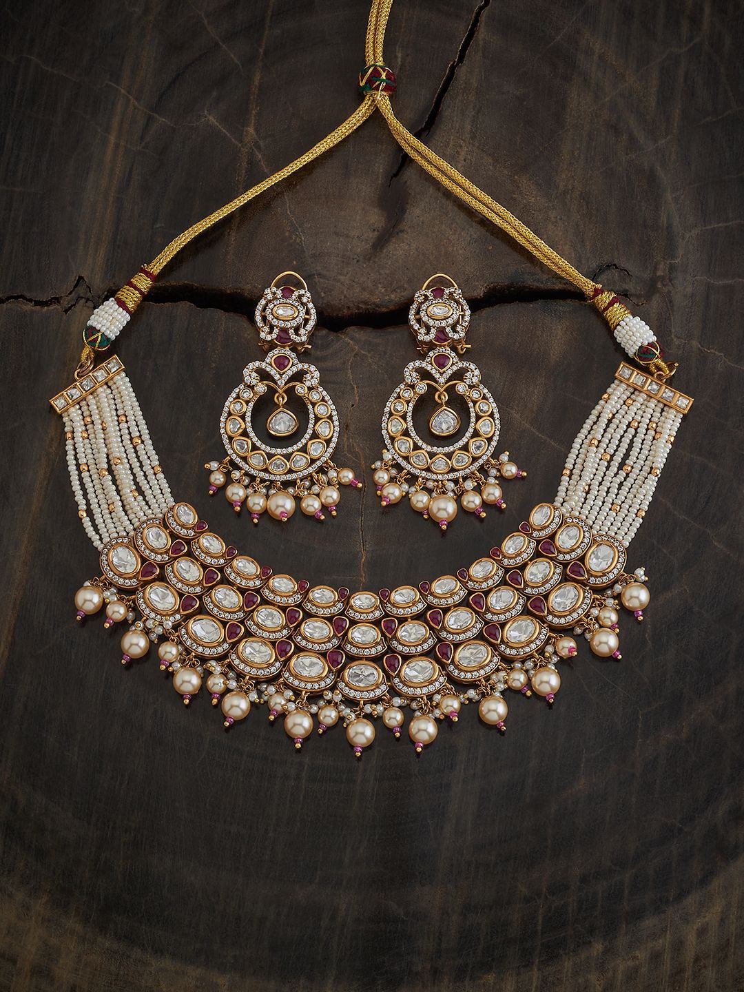 

Kushal's Fashion Jewellery Copper Ruby Kundan Stones & Beaded Jewellery Set, Gold