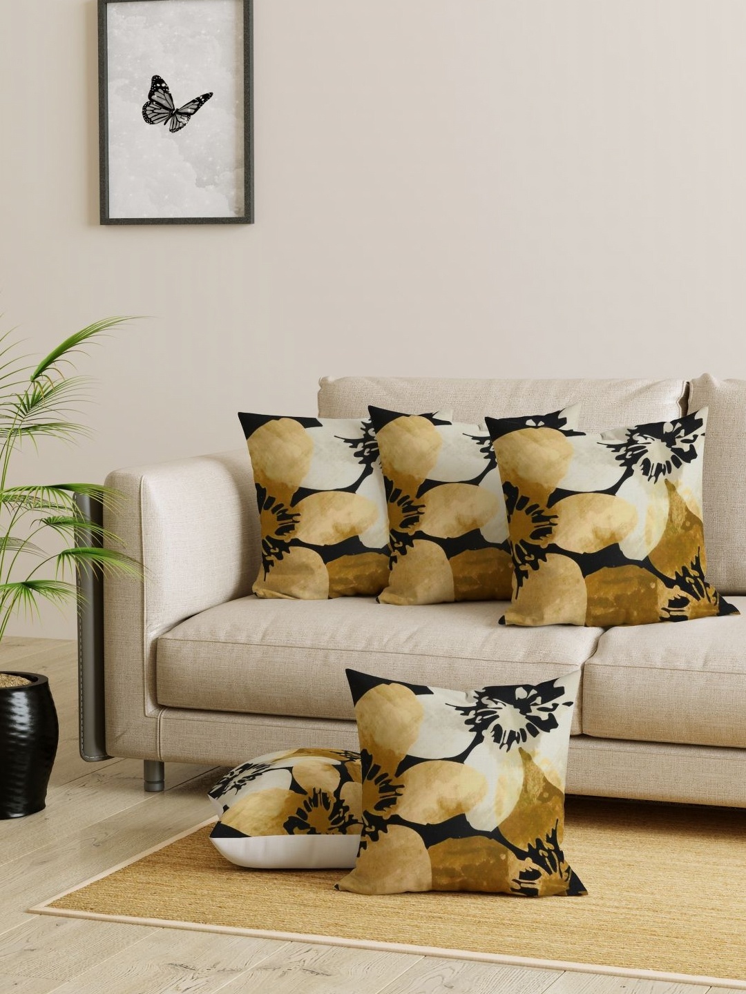 

EverHOME Gold-Toned & Black 5 Pieces Floral Printed Jute Cotton Square Cushion Covers