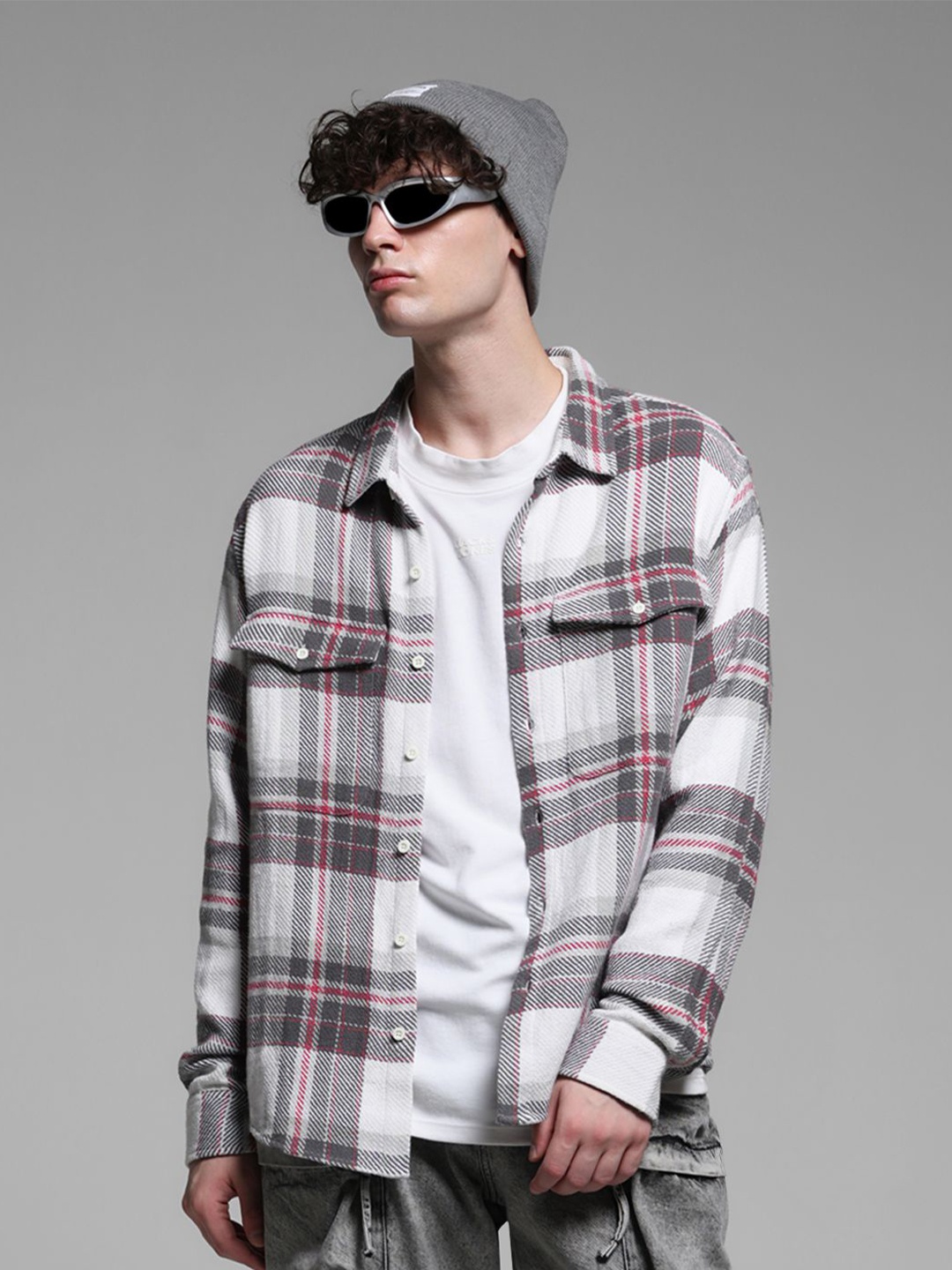 

Jack & Jones Men Spread Collar Tartan Checked Cotton Oversized Casual Shirt, White