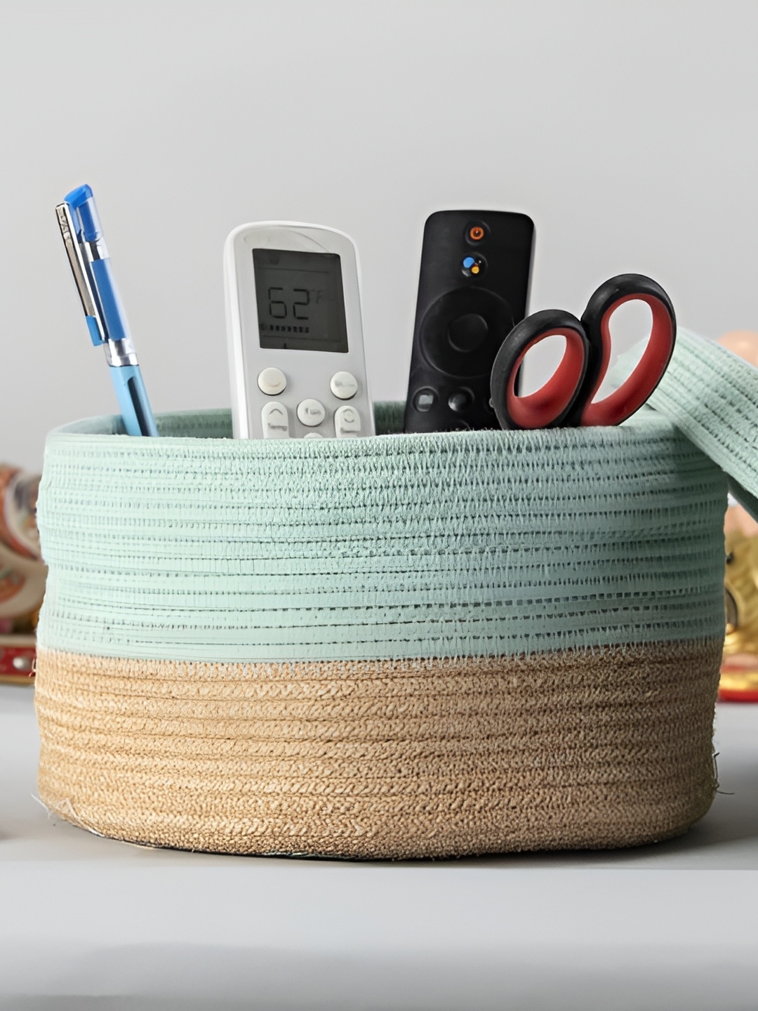 

SUI DHAGGA Green & Brown Striped Jute Cotton Shelf Basket with Lid