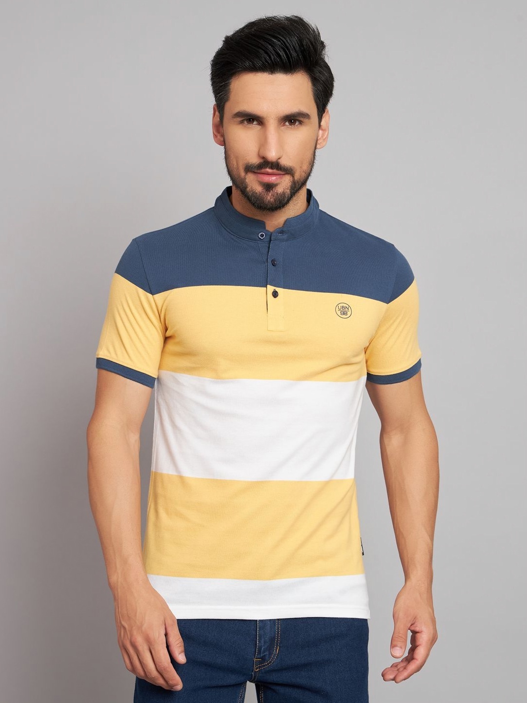 

URBAN TRAIL Men Striped Mandarin Collar Cotton T-shirt, Yellow
