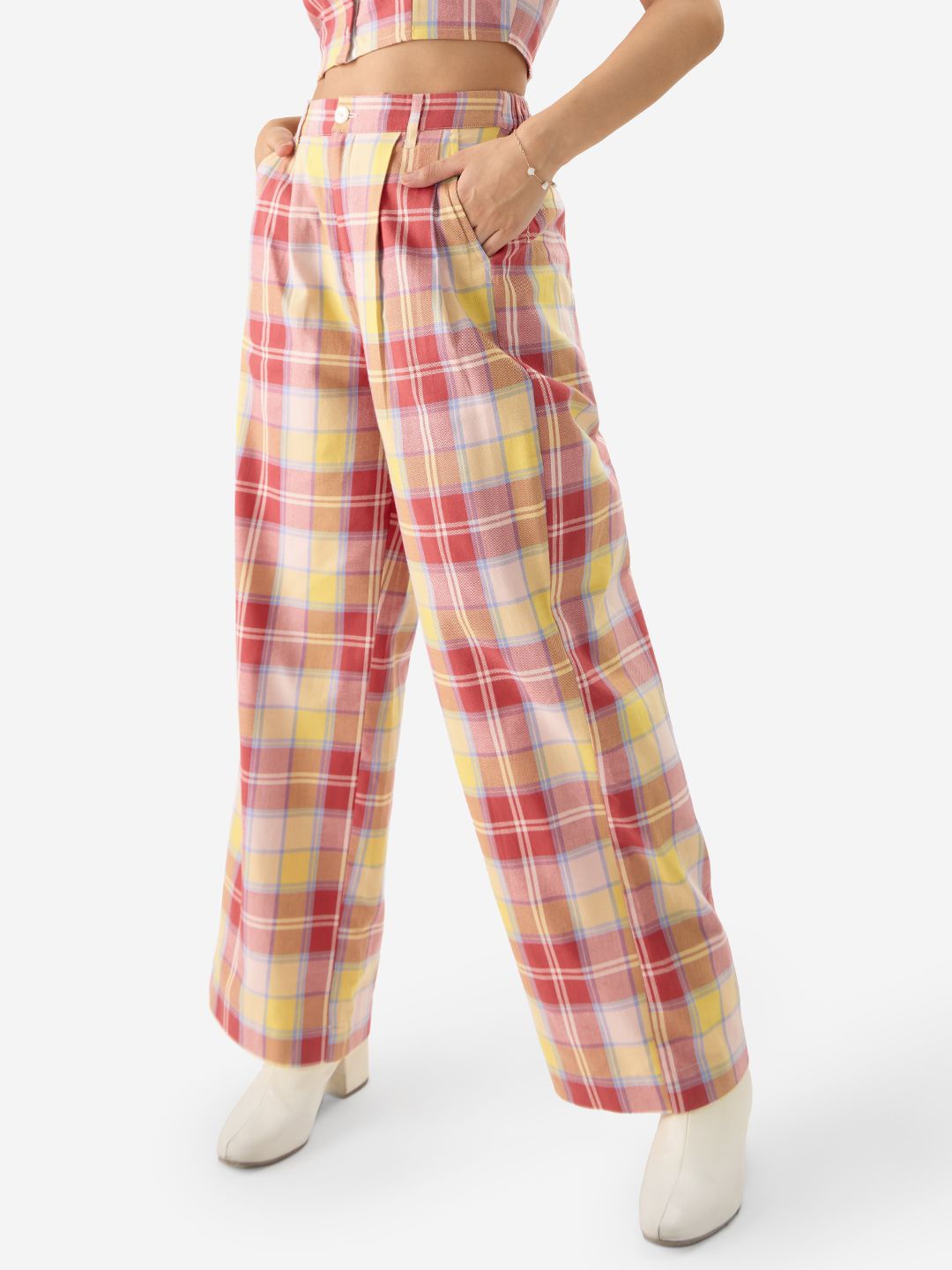 

The Souled Store Women Cotton Checked Flared Pleated Parallel Trousers, Yellow