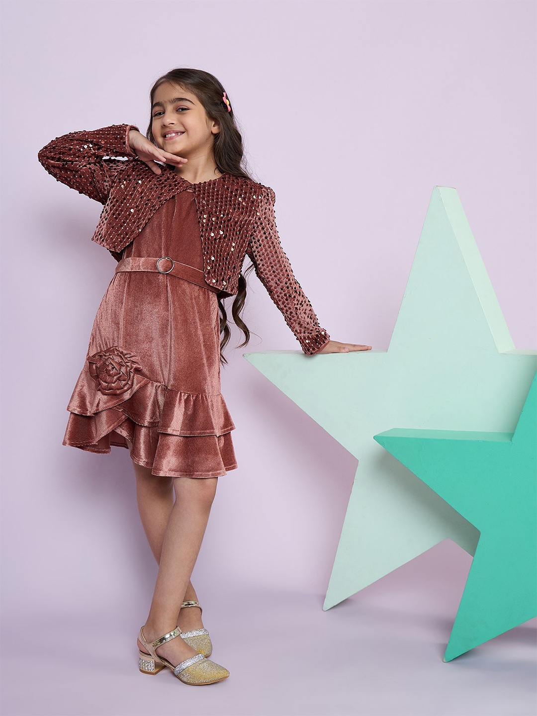 

Peppermint Girls Animal Printed Bell Sleeve Velvet Fit & Flare Dress, Brown